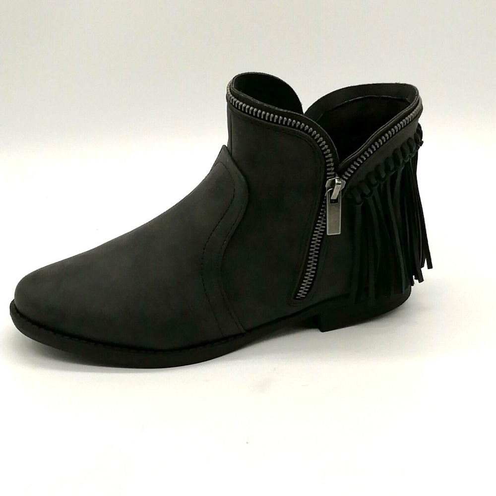 JC Shoes Womens Fringe Block Heel Side Zip Fringed Ankle Boot Black 6 NEW